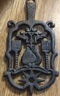 Antique Decorative Cast Iron Dumb Dutch Trivet W/Hearts Brooms Lovebirds