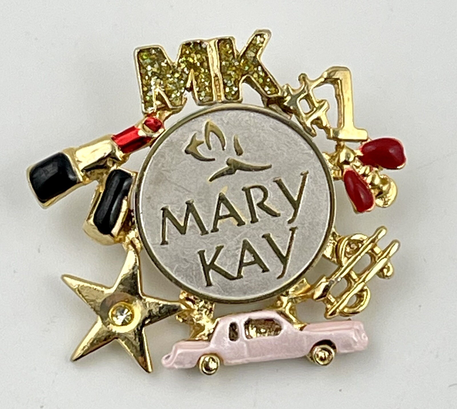 Mary Kay Pin Pink Car Cadillac Lipstick Bumble Bee Star Rhinestones Gold Tone