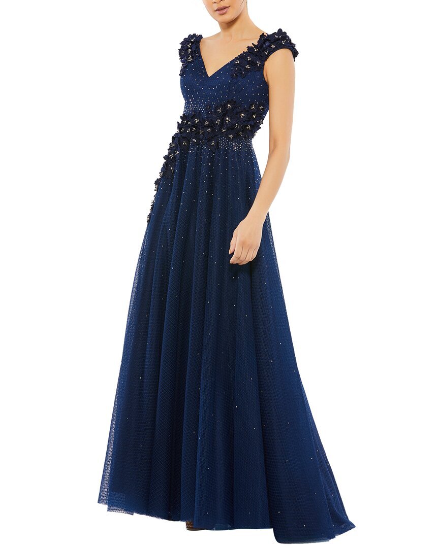 Женское вечернее платье А-силуэта Mac Duggal с цветочной аппликацией, синее 4