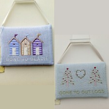 NEW 2 Scandi Fabric Embroidery Hanging Signs Trees/Beach Huts New Home Gift