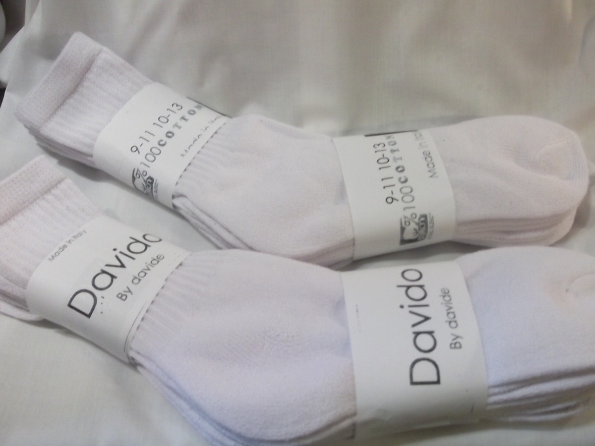 Davido Men's Crew Socks 6-Pack - 100% Cotton, Made In Italy, Sizes 10-13, White