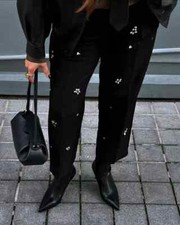 NWT ZARA Bejeweled And Beaded Ankle-length Pants Black 8741/272 Size S