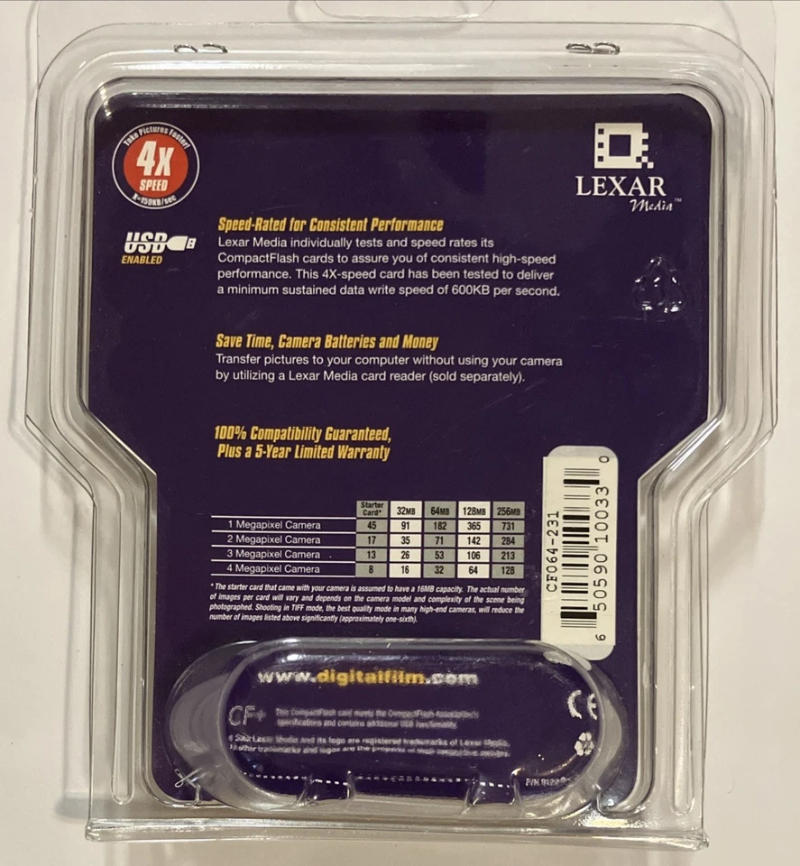 Lexar 64MB Memory Card 4x Speed Compact Flash High Speed Series NEW Old Stock 64 - Image 2 of 2