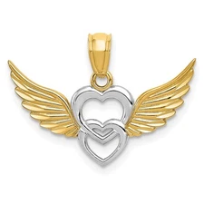 14k Yellow Gold and White Rhodium Polished Hearts Wings Pendant Gift for Her