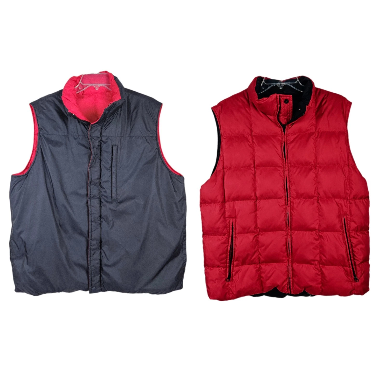Lands End Quilted Reversible Goose Down Vest Mens L Red Navy Zip Pocket Zip Up