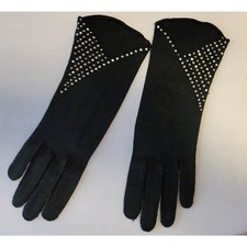 Vintage 40s 50s Black Fabric Rhinestone Pearl Gloves Elvette Mid Century 6 1/2