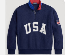 NWT Polo Ralph Lauren Navy Blue USA FLAG 1/4 Zip Pile Fuzzy Fleece Pullover L