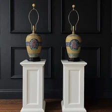 Pair Of Mid Century Painted Stoneware Lamps 