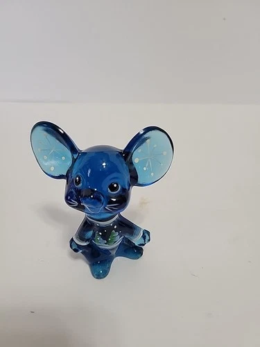 Fenton Art Blue Glass Mouse Hand-Painted Artist Signed Paperweight Figurine