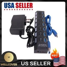 USB 3.0 HUB 7-USB Port Multi Adapter Charger Data For PC Mac Laptop Desktop LED