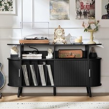 Large Round Record Player Stand with Charging Station  Fluted Panel