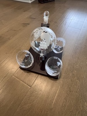 Whiskey Decanter World Globe w/ Ship In A Bottle w/3 Etched Glasses! Nice!