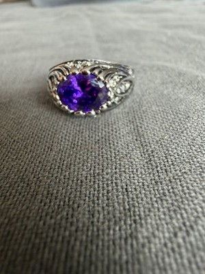 Vintage 18K GE RES Signed Purple Amethyst CZ  Cocktail Ring White Gold 540
