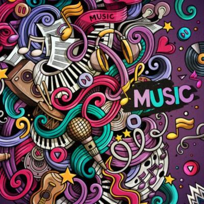 Wandbild: Cartoon 3D-Doodles Musikalische Illustration. Bunter [...]
