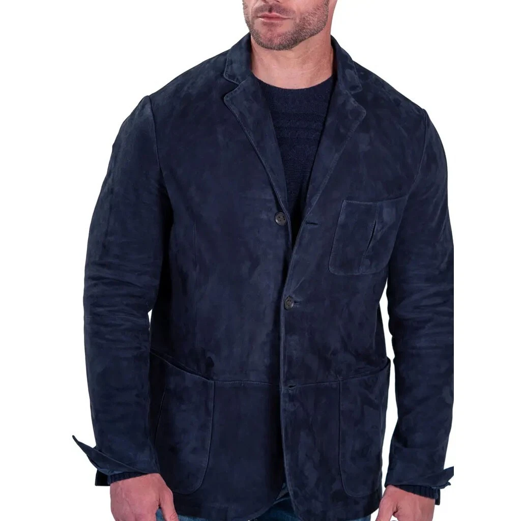 Men Leather Blazer Navy Blue Suede Blazer Size S M L XL XXL 3XL Custom Made