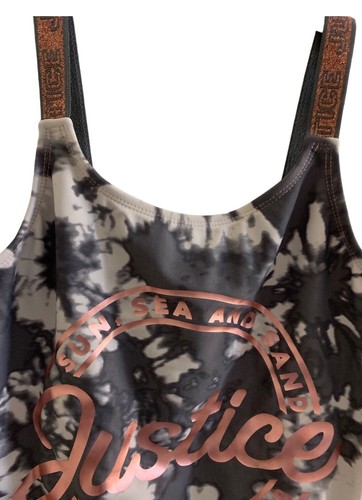 Justice Girls Swimsuit Gray 14 1 Piece Adjustable Straps Lined Tie Dye Logo - Picture 4 of 12