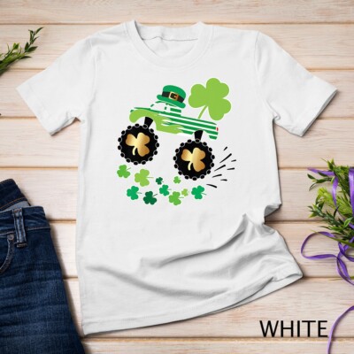 Kids St Patricks Day Funny Gift for Boys Leprechaun Monster Truck Unisex T-shirt