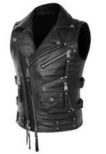 Men Classic Sleeveless Biker Style Leather Vest Motorcycle Biker Concealed Carry
