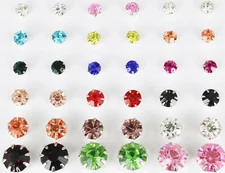 18 pair round faceted stud post crystal earrings graduated size multi color set