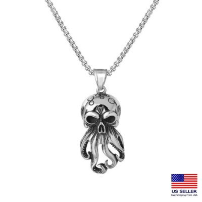 Men Stainless Steel Chain Necklace Retro 3D Carved Skull Octopus Pendant 1444