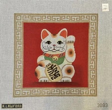 Amanda Lawford Hand Painted Needlepoint Canvas Lucky Cat