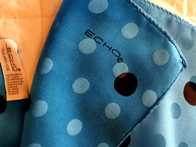 ECHO 100% Silk Scarf Dark Royal Blue w/Blk Polka Dots 29'' long x 11'' wide Japan