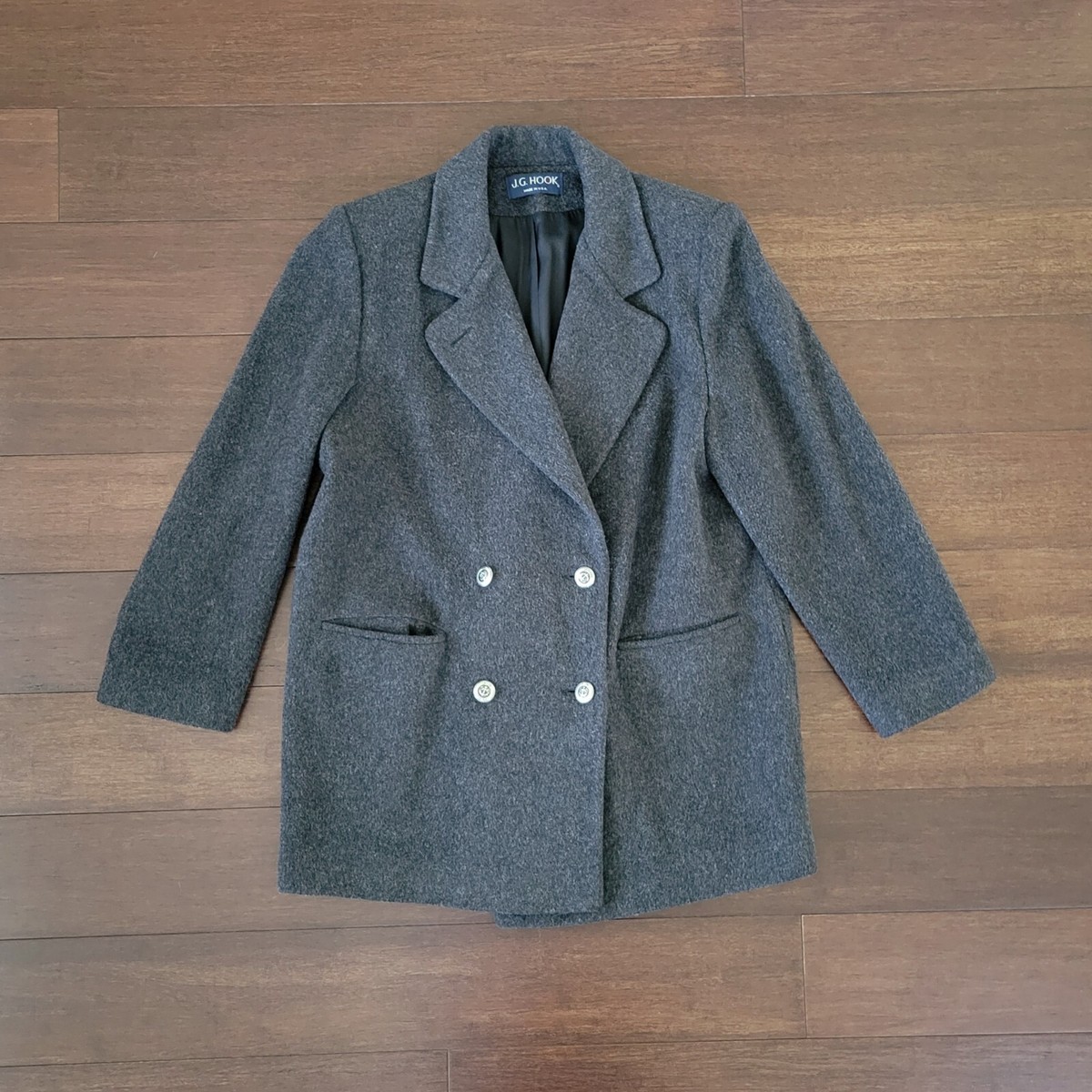 Vtg 90s J.G. Hook Women's Dark Gray Double Breasted Wool Pea Coat