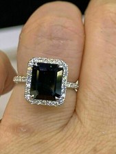3CT EMERALD LAB CREATED BLACK  WHITE DIAMOND HALO RING 14K WHITE GOLD PLATED
