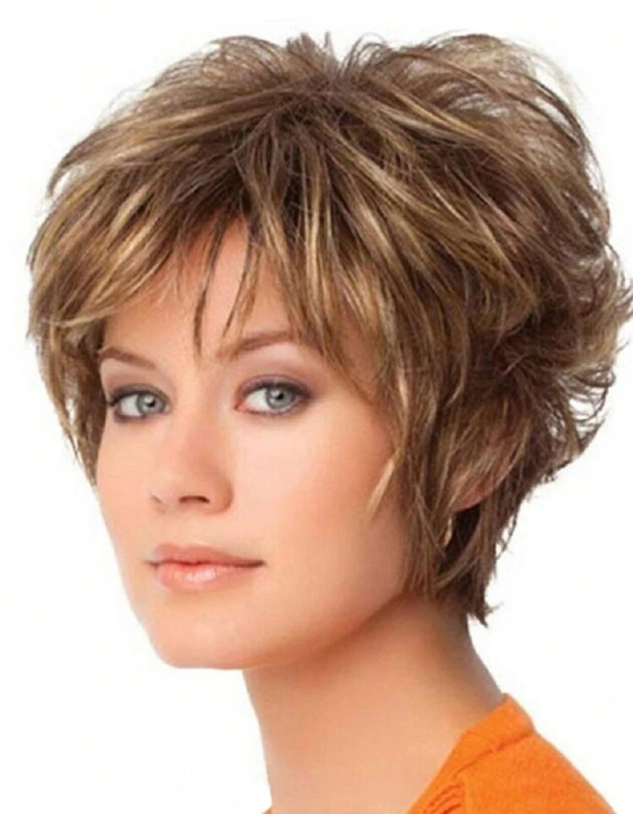 Perruque synthétique pixie brun foncé avec frange et 4 bonnets inclus