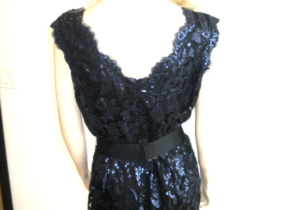 PRECIOSO VESTIDO TADASHI SHOJI LENTEJUELAS ENCAJE Y TUL AZUL MARINO, NEGRO, VESTIDO TALLA 12/14 Foto 4 de 4