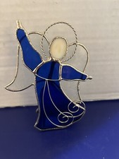 Stained Glass Angel votive tealight Holder Blue . Clear 5  Tall