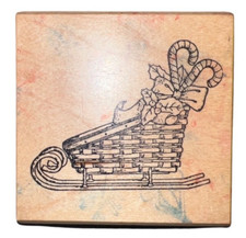 Wicker Basket Sled Sleigh with Candy Canes Words Writing Wooden Rubber Stamp