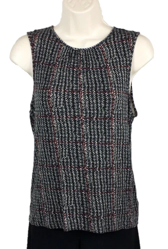 Chaps Blouse Top Womens Size Medium Petite PM Gray Black Red Sleeveless Plaid