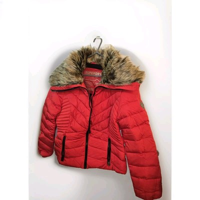 Superdry, Red Puffer Jacket With Fur Trim Collar, Size UK12