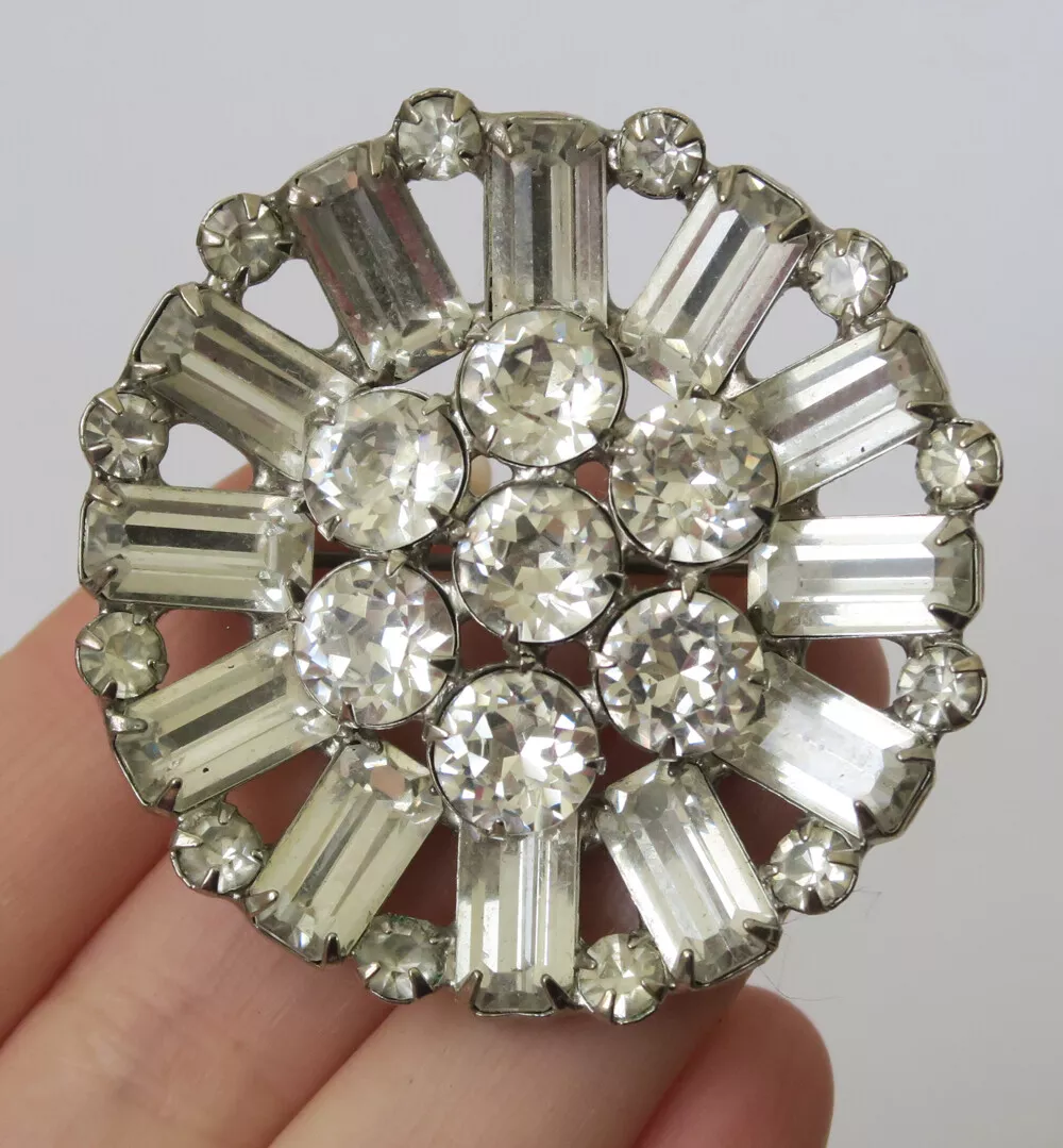 Weiss 1950s rhinestone brooch lapel pin cross-shaped clear yellow