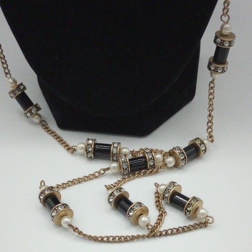 J. Crew Gold Tone Black Enamel Rhinestone Rondelle & Faux Pearl Beaded Necklace - Picture 9 of 11