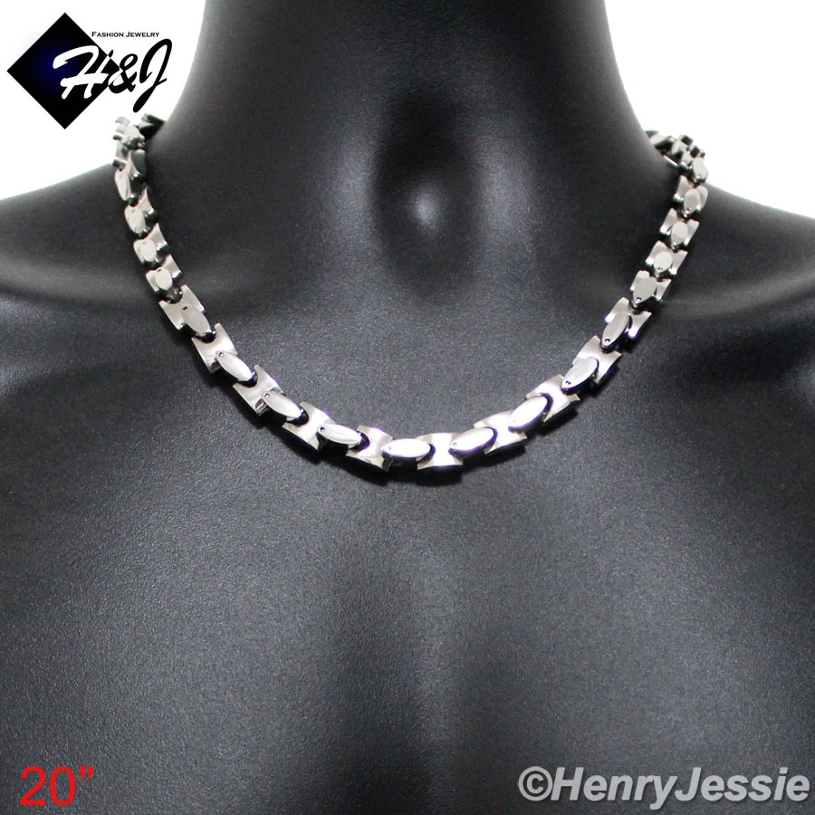 Collar de cadena de eslabones de huesos de enclavamiento de plata de 8 mm pesado de acero inoxidable de 18"-40" para hombres Foto 3 de 4
