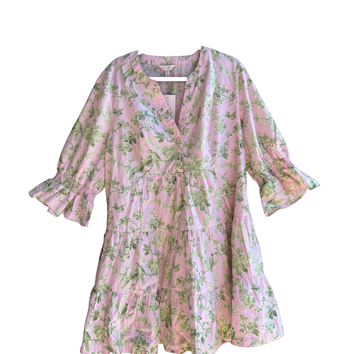 Crown & Ivy NWT Dress Plus 2X Pink Green Toile Bird Print Tiered Cotton  Peasant