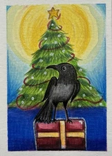 ACEO Original Art Card, Christmas Crow, Mixed Media, Ademade-stl