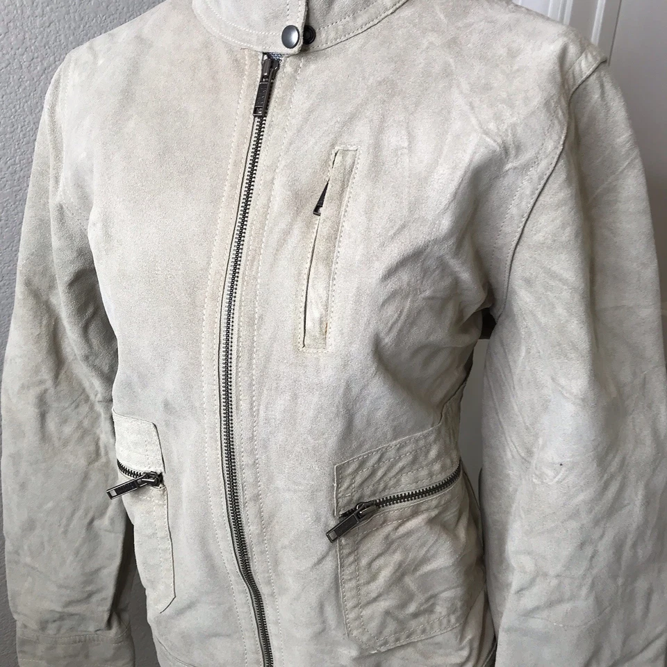 Jaqueta de couro feminina Banana Republic camurça bege creme estilo blazer casaco grande - Imagem 2 de 4