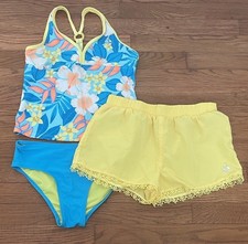 Gerry girls 3 piece blue yellow floral tankini set, coverup shorts, L, 14/16.