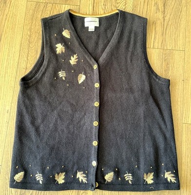 Christopher & Banks Hand Embroidered Sweater Vest Womens L  Black