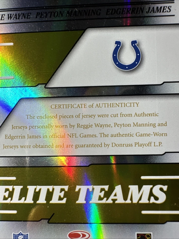 Elite Peyton Manning 2006 Reggie Wayne Edgerrin James/99 juego usado parche Colts Foto 4 de 4
