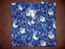 Breast Cancer Pink Ribbon Handmade Blue Cotton Scrub Top, Size Large 38-40