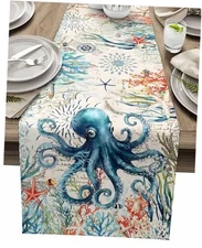 Table Runner Coastal Blue Octopus Coral Table Decoration for Kitchen 13" x 72"