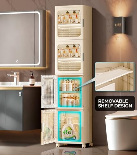 4-Tier Tall Narrow Bathroom Storage Cabinet 11.42"D x 14.57"W x 65.35"H Beige