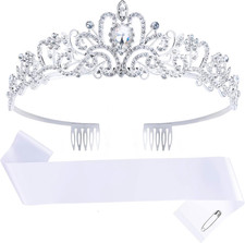 White Sash and Crown, Silver Tiara Crown with Blank Satin Sash for Women Girls S