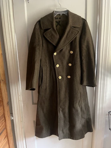 VINTAGE WWII WW2 Green Wool Army Trench Coat Overcoat Military Rare 34R