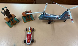 LOT OF VINTAGE TIN TOYS RACING FERRARI HERO HELICOPTER MARX weeden air force
