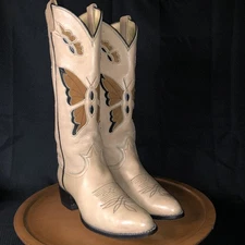 Vintage Tony Lama Tall Cowboy Boots Womens 6 Butterfly Inlay Western Leather 60s